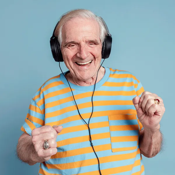 laughing man with headphones