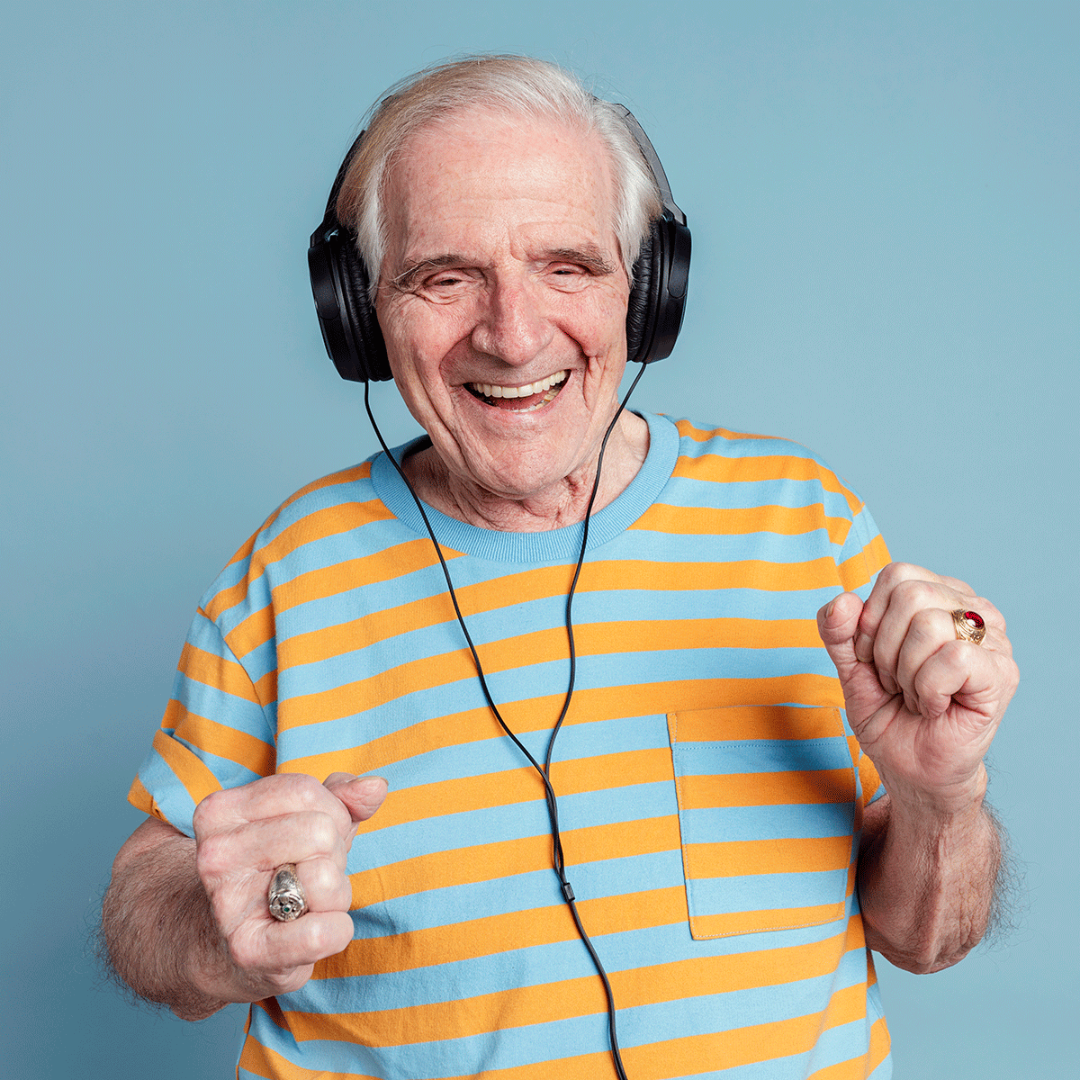laughing man with headphones