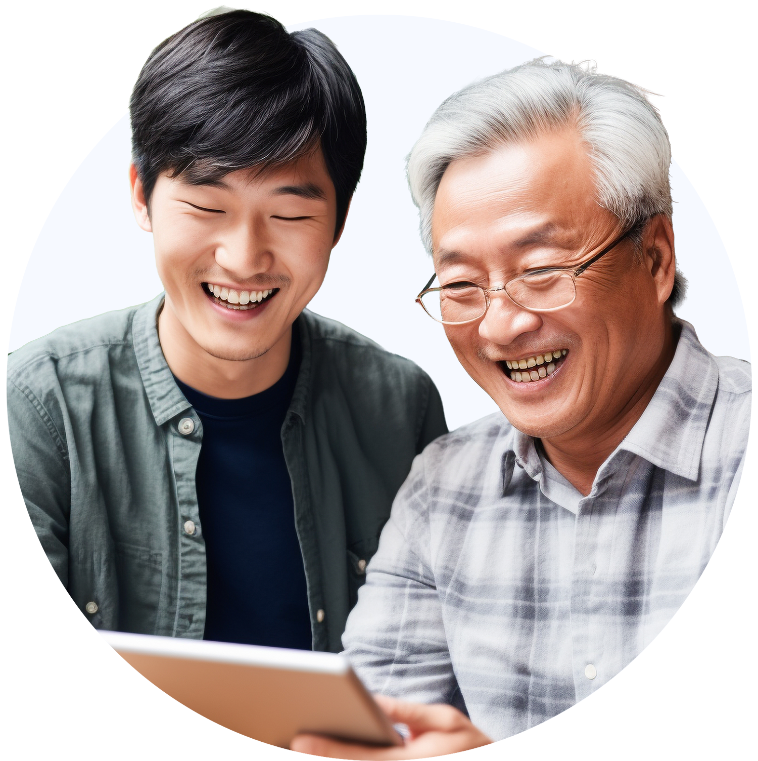 elderly and younger man smiling at a tablet